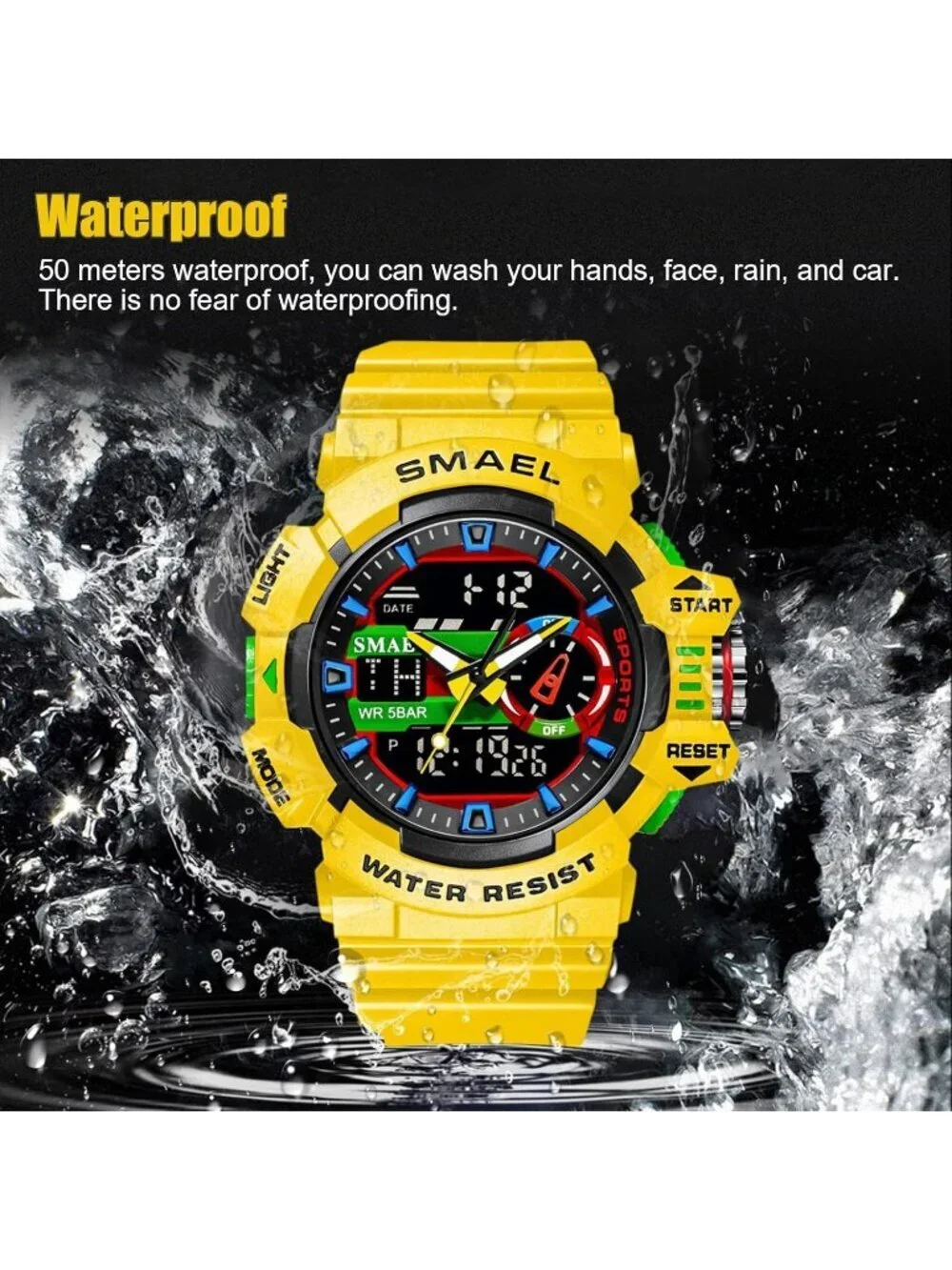 Men All Yellow Analog Quartz S-Shock Waterproof Outdoor Sports LED Digital Watch